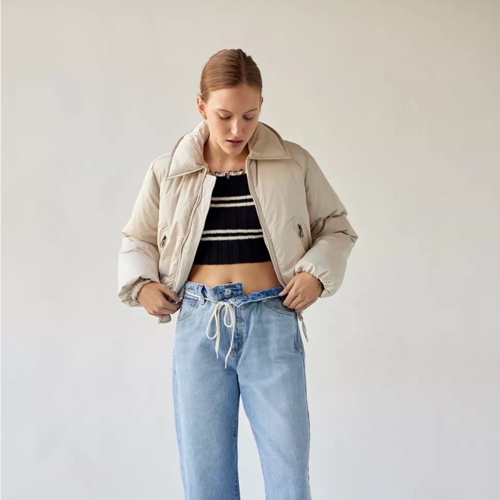 Beige Cropped Puffer Jacket Urban Outfitters